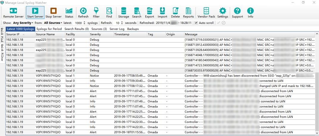 Shows example of Syslog Watcher logs.