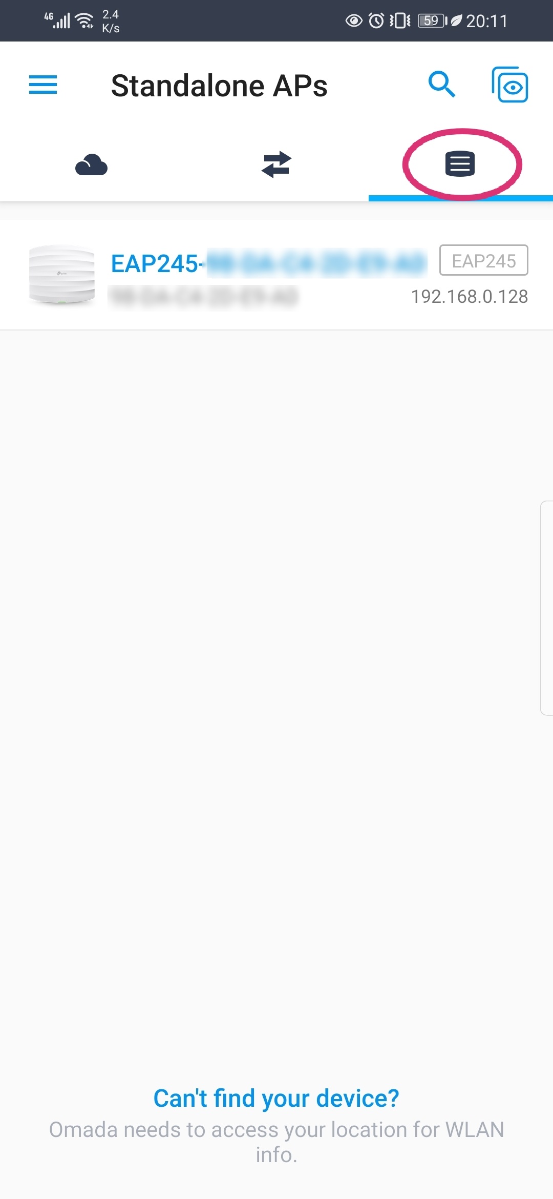 Shows example of standalone AP location in mobile app.