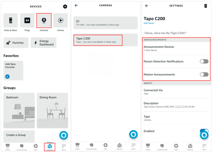 Find camera settings page on Alexa app.