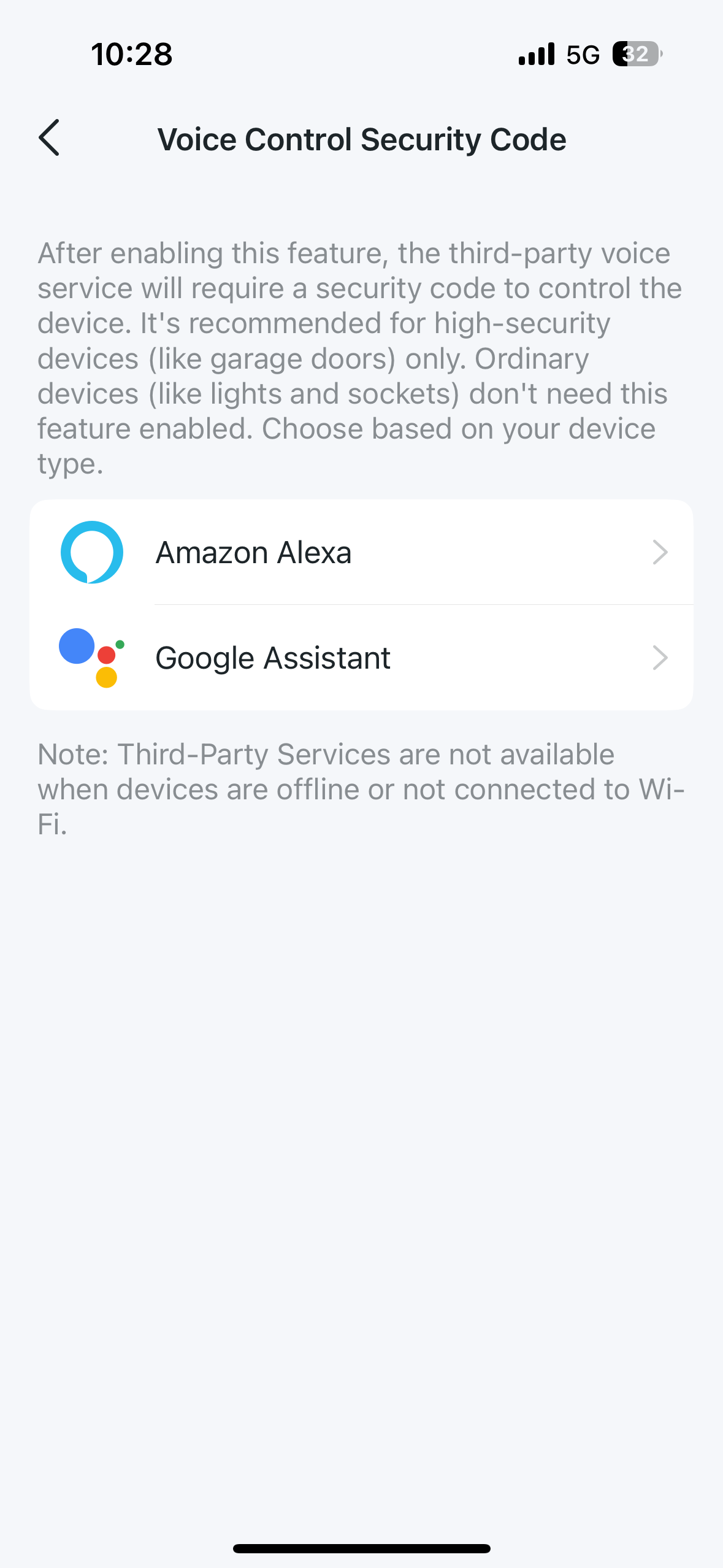Tapo app S110E Settings – voice control Page.