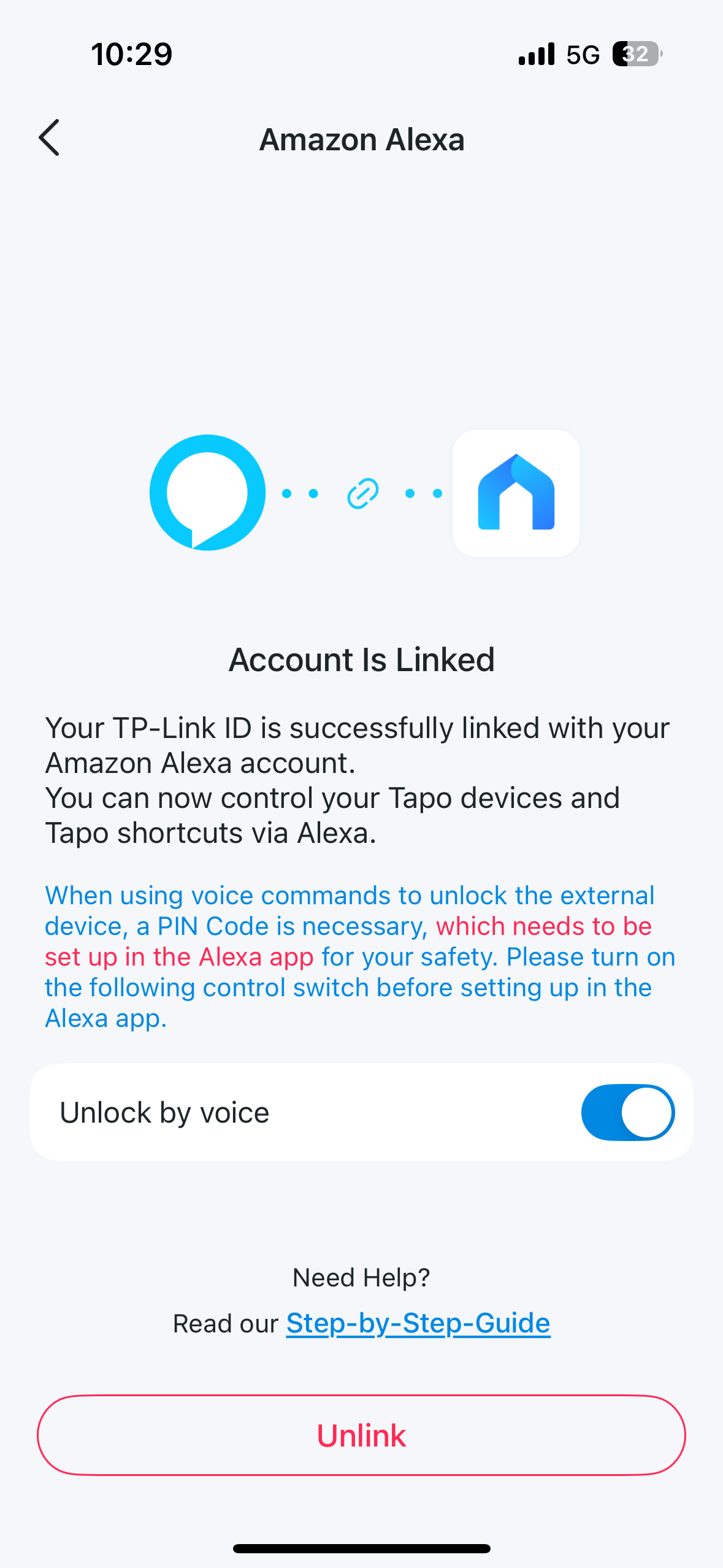 Tapo app S110E Settings – voice control -Alexa Page.