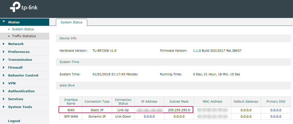 Shows status of WAN interfaces in the System Status page.