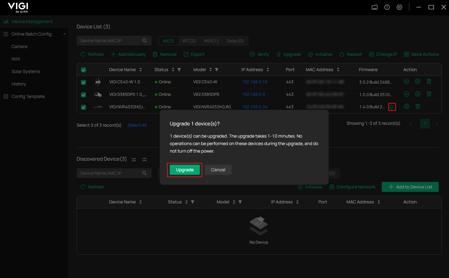 Confirm the number of devices to be upgraded and show the location of the upgrade button.
