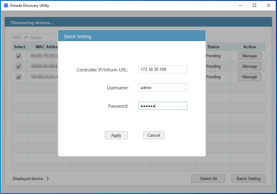 Configuration screenshot of the Omada Discovery Utility.