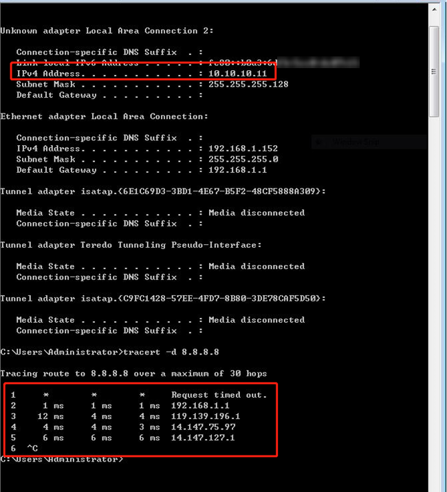 Show VPN client IP and tracer results