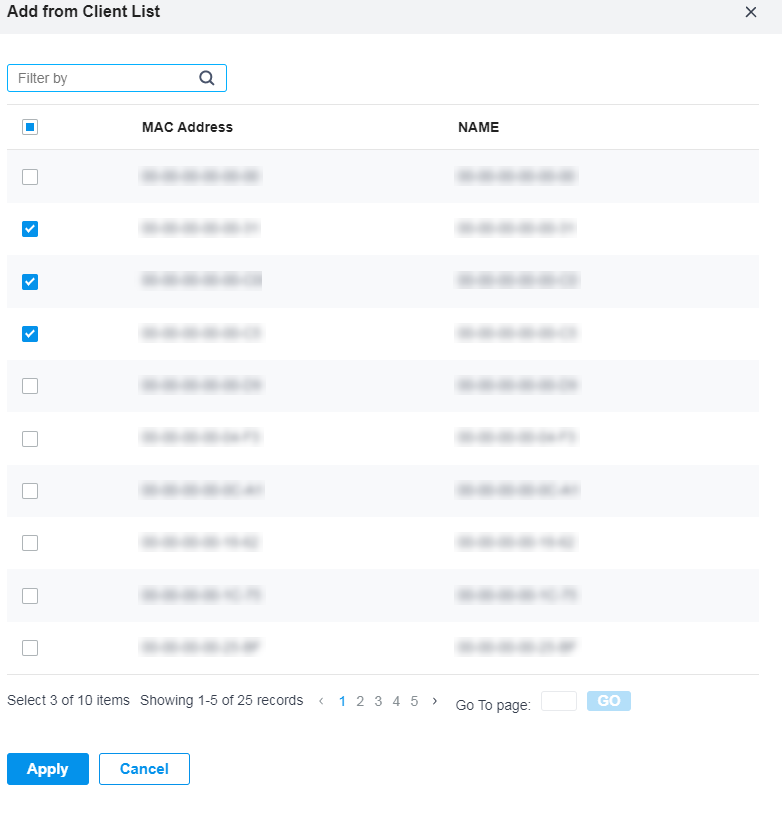 Display the 'Add from Client list' page.