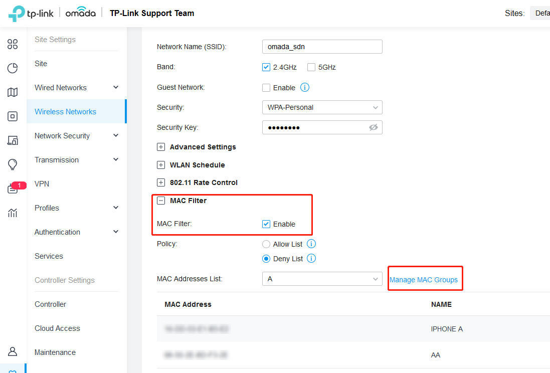 Display the location of the MAC filter and manage MAC groups.
