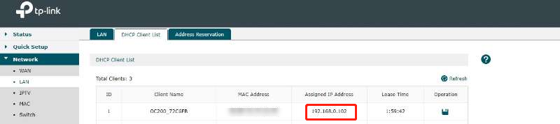 Find the OC200 IP in the DHCP client list.
