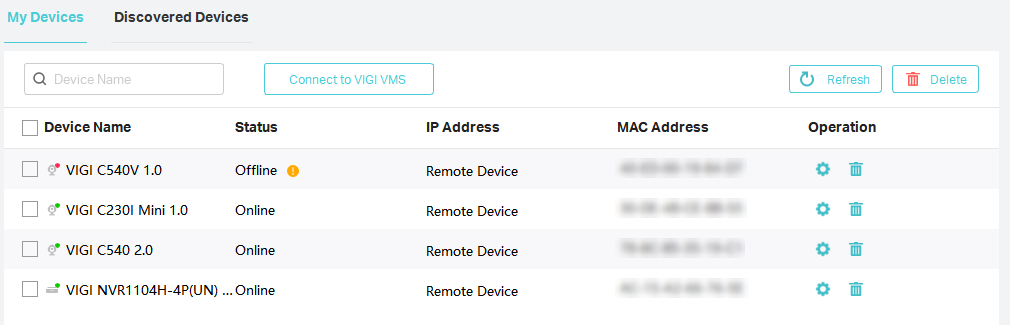 Display the device list and gear-shaped settings button.