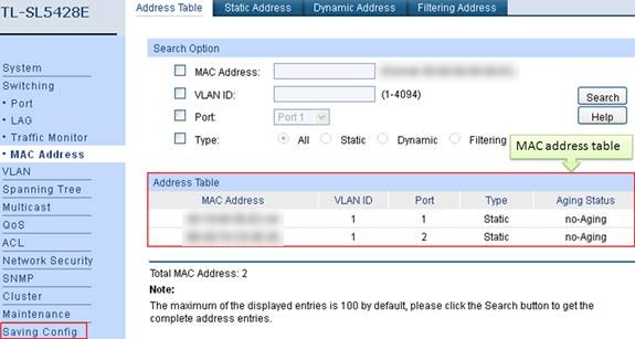 Search options on MAC Address table page. 