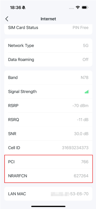 Locate the PCI and NRARFCN/EARFCN options on the page.