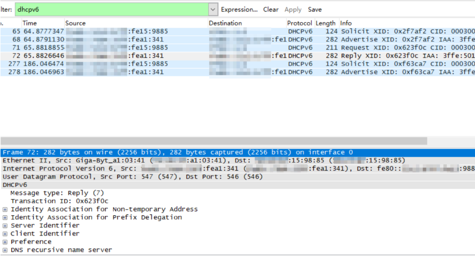 DHCPv6 dial-up status of "DHCP and DHCPv6".