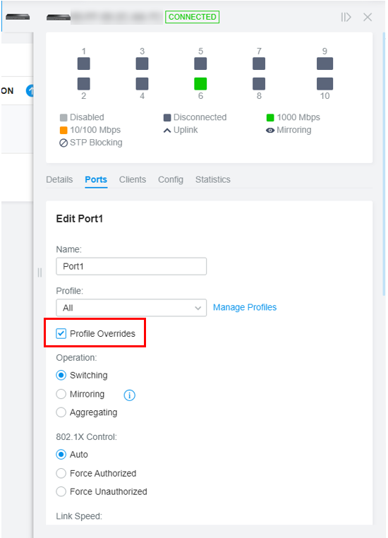 Shows profile override button.