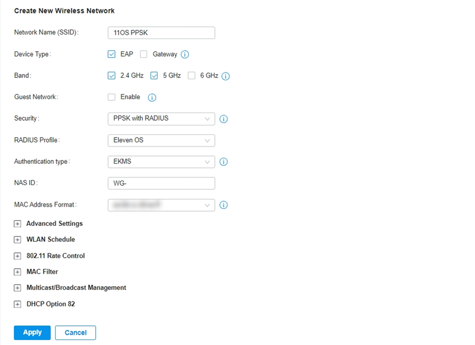 Shows example of creating new SSID with EKMS.