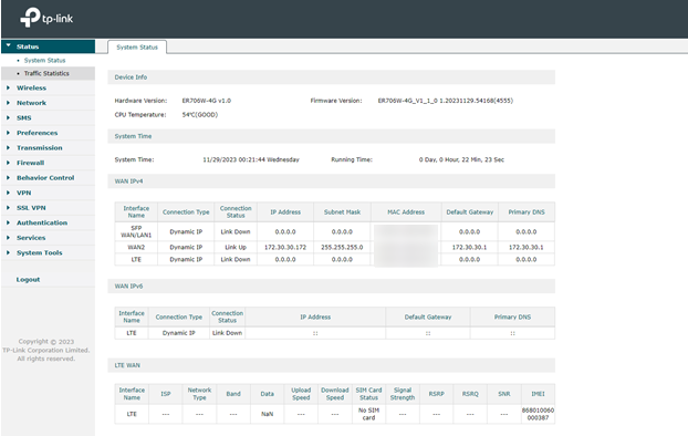 Shows status of WAN interfaces under system status.
