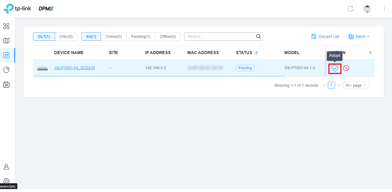 Shows example of pending device for adoption.