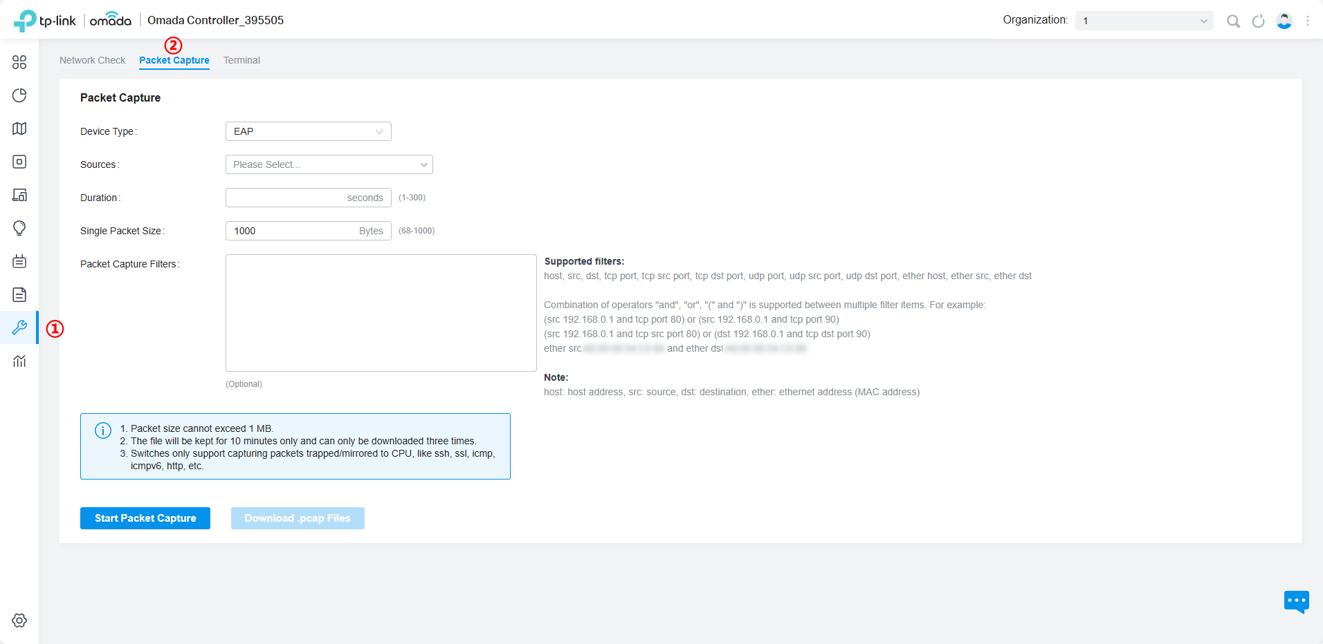 Shows navigation path to packet capture function.