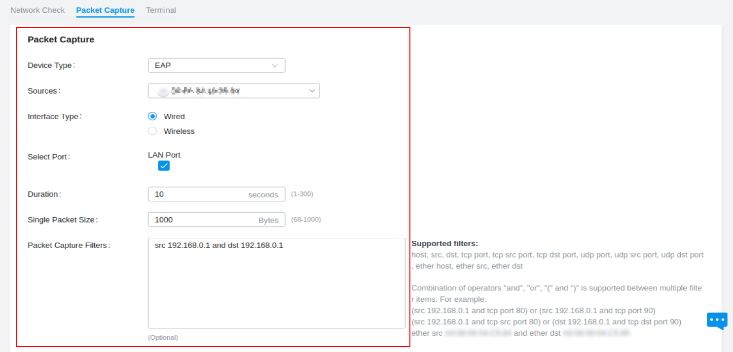 Shows configuration example for packet Capture function.