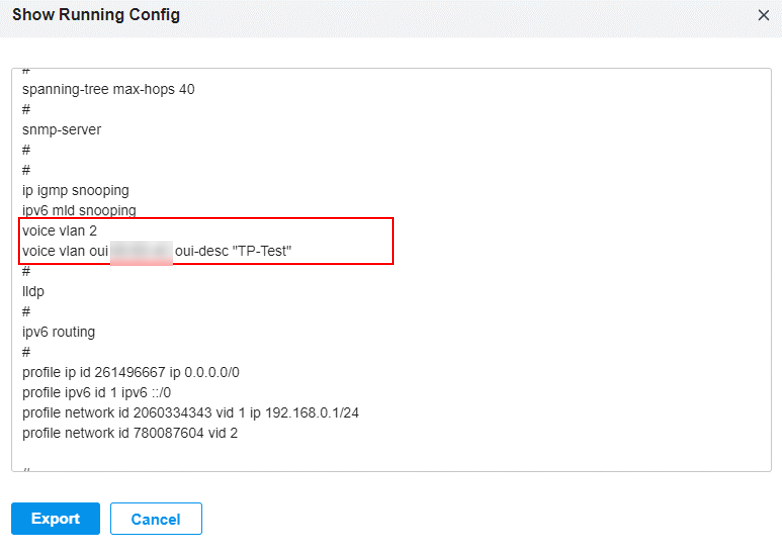 Shows output of the terminal running config for voice vlan 2.