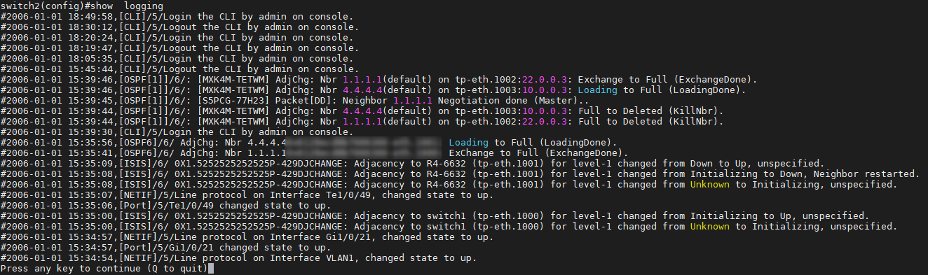 Shows output from "show logging" command.