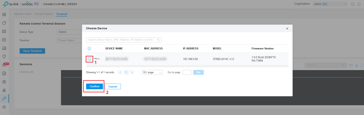Shows device selection for terminal.