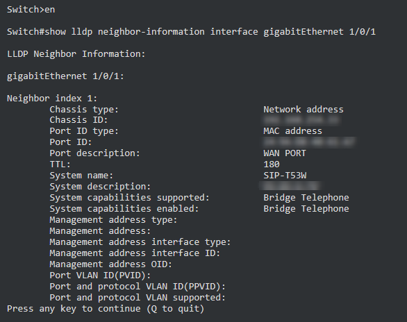 Shows output from terminal command for "show lldp..."