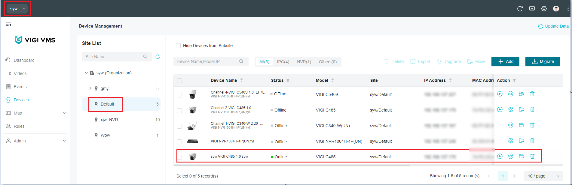 The location of the Device List on the Cloud VMS web portal.