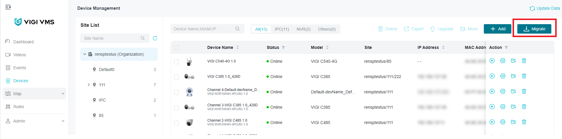 The location of the migrate button.