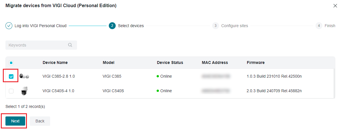 The select devices page of the migrate device feature.