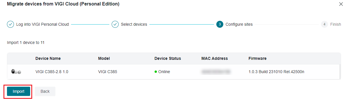 The device list of the migrate device feature.