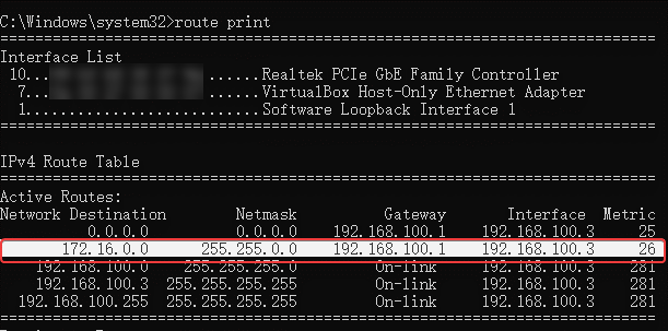 Shows example of route print command.