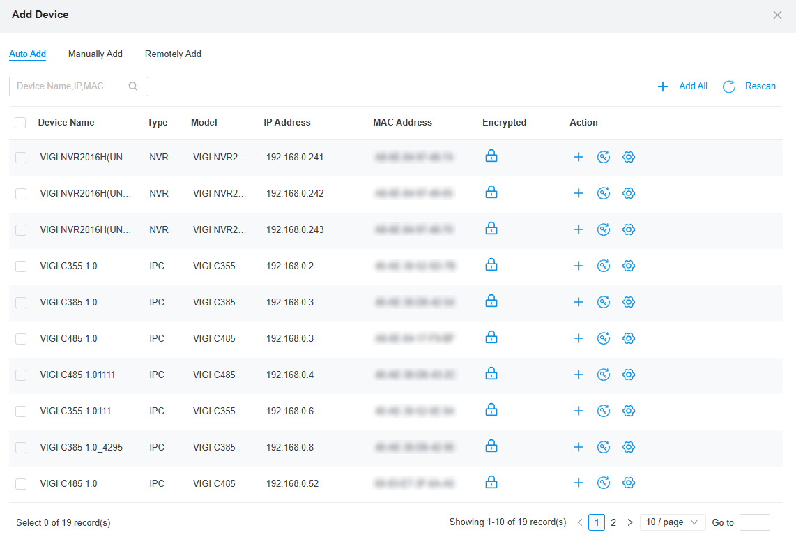 The Scan Result in the VIGI VMS Web Portal.