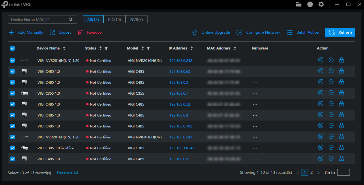 The Device List on VIGI Config Tool.