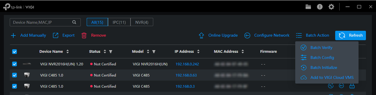 The Batch Action button on VIGI Config Tool.