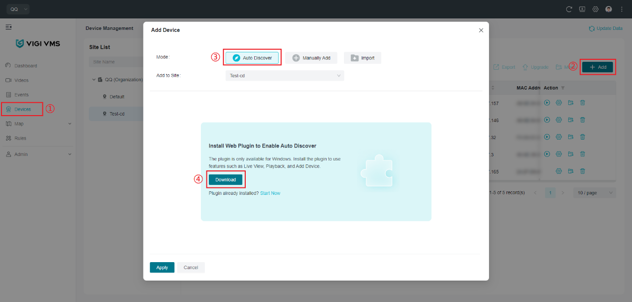 The position to download the Web Plugin on the Add Device page.