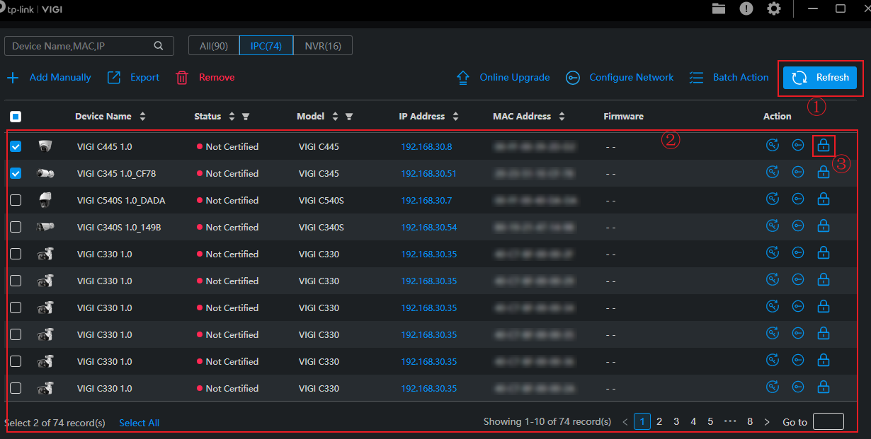 The Device List interface in VIGI Config Tool.