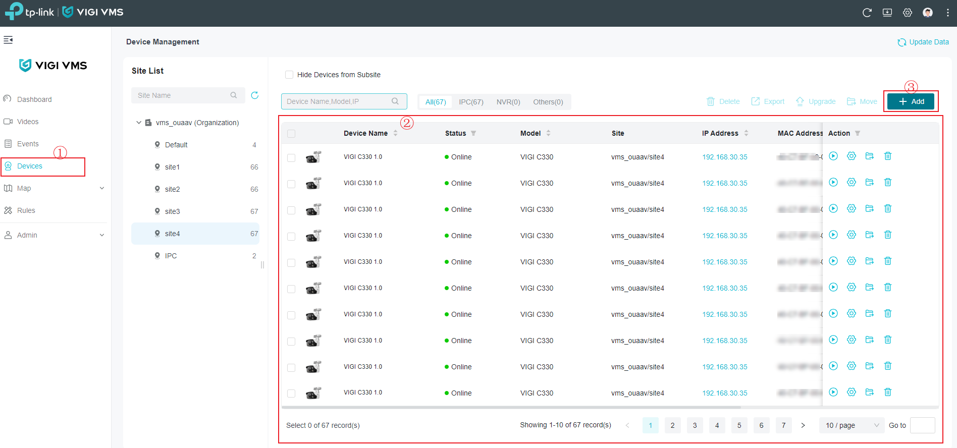 The Devices page on the VIGI VMS Web Portal.