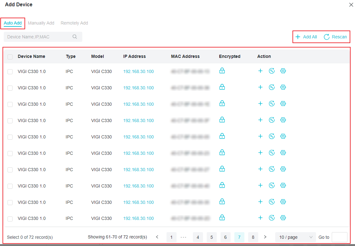 The Auto Add page to add devices automatically.