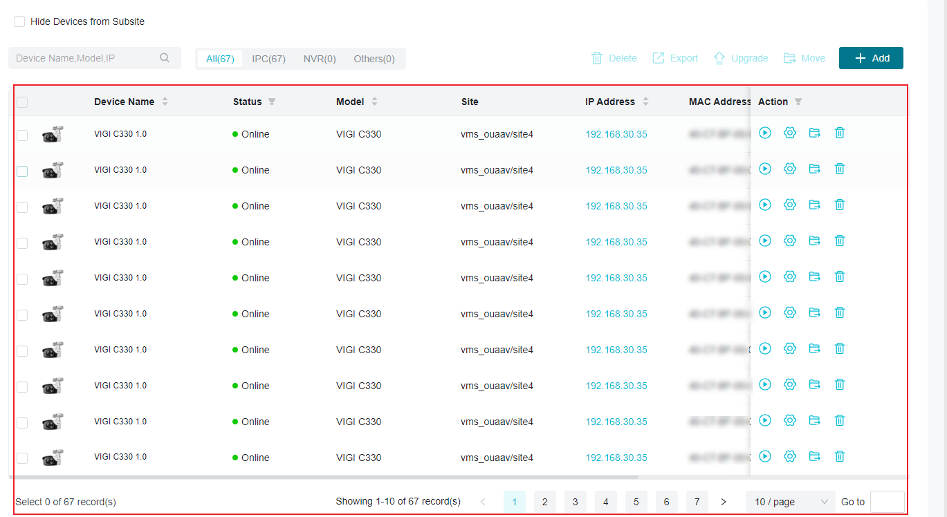 The device list on the VIGI VMS Web Portal.