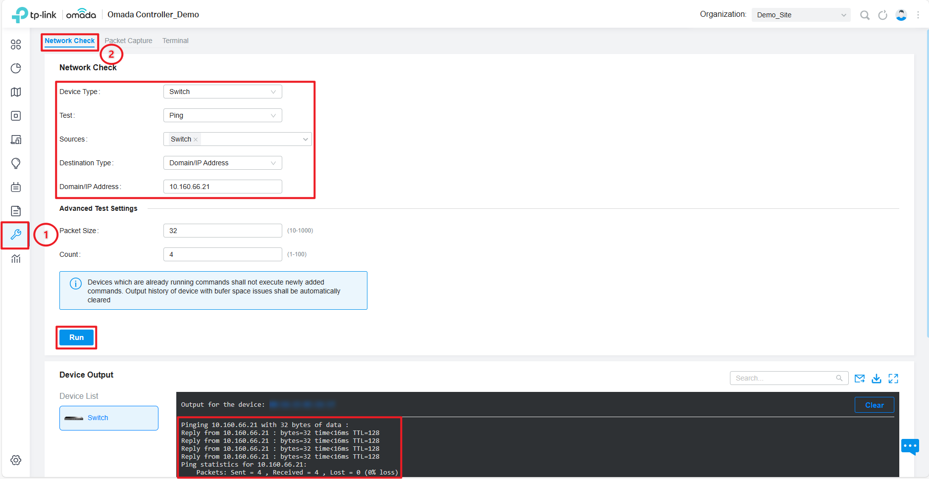 Direct to the path of the network check tool on the Omada controller to ping the switch.