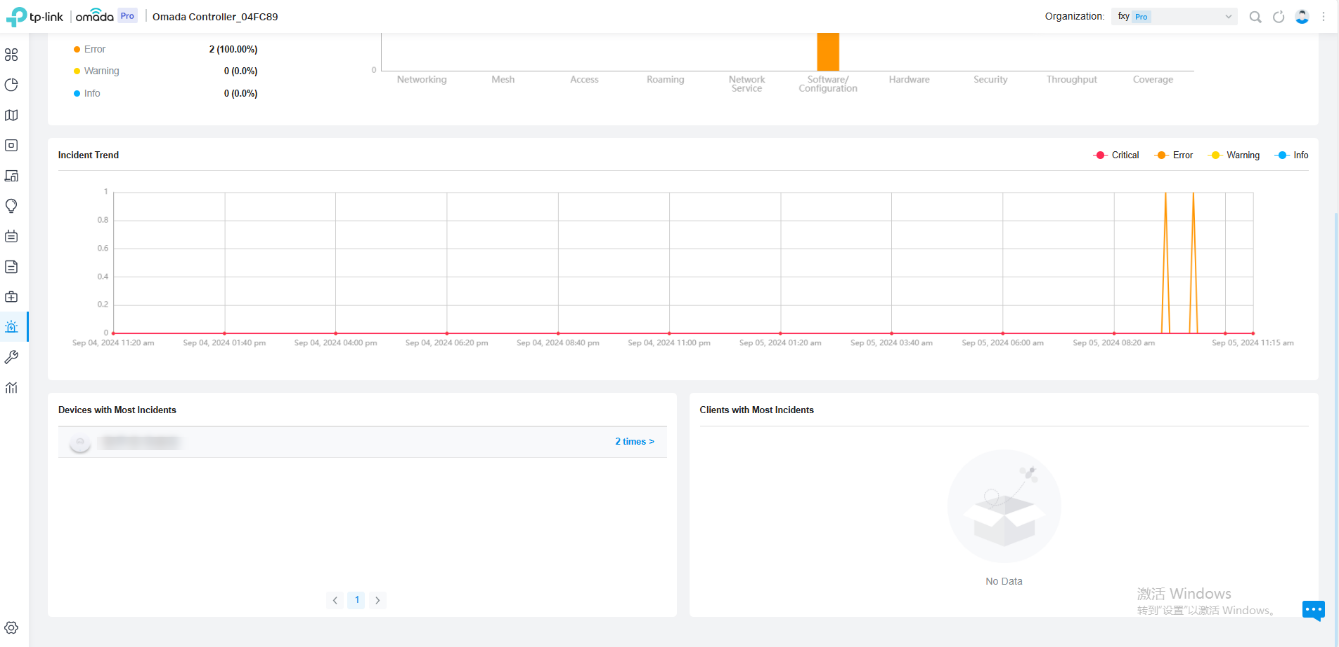 The Incident trend demonstrates the trend of abnormal incidents in the form of a curve chart, showing the number of new abnormal incidents at each time point. Similarly, you can choose whether to display the corresponding severity levels by clicking them on the upper right corner of the section.