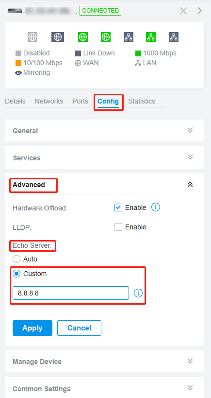 Show custom Echo server location.