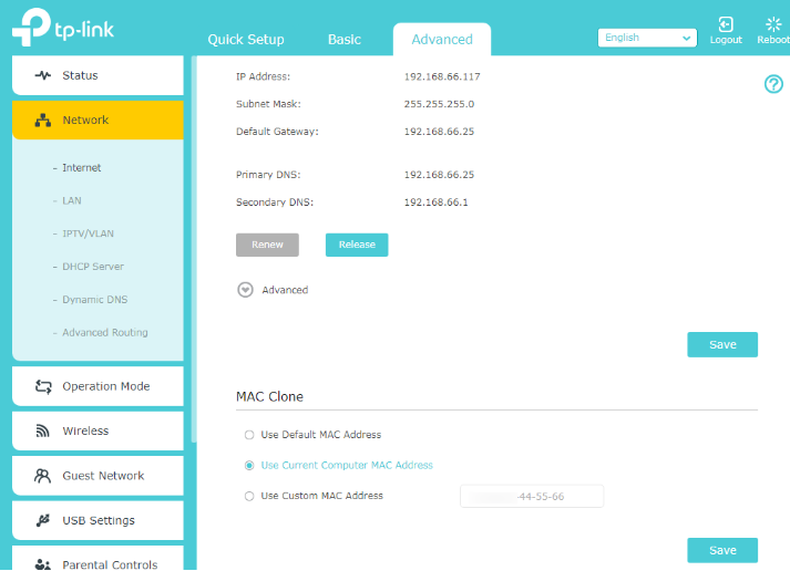 Click “Use Current MAC Address” on Advanced>>Network>>Internet page.