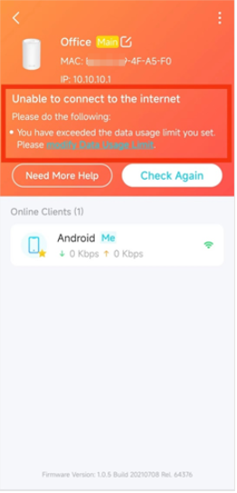 "Unable to connect to the internet" error message on Deco page.