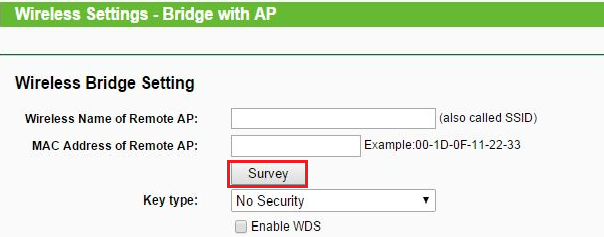 Wireless Bridge Settings menu