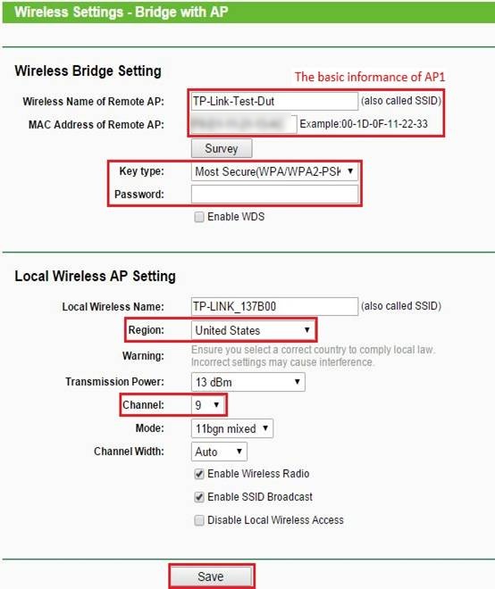 Wireless bridge settings page.