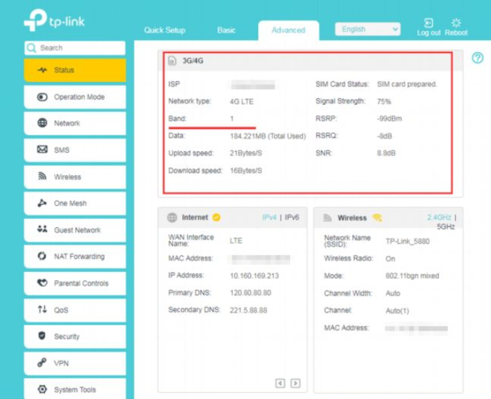 Check network type and band on Status page.