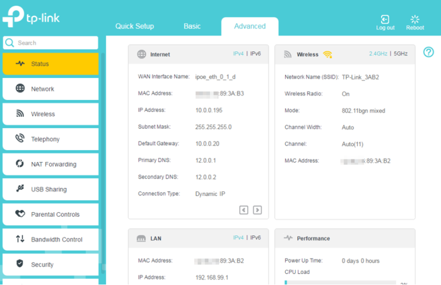 Internet info on Advanced-Status page via DHCP.