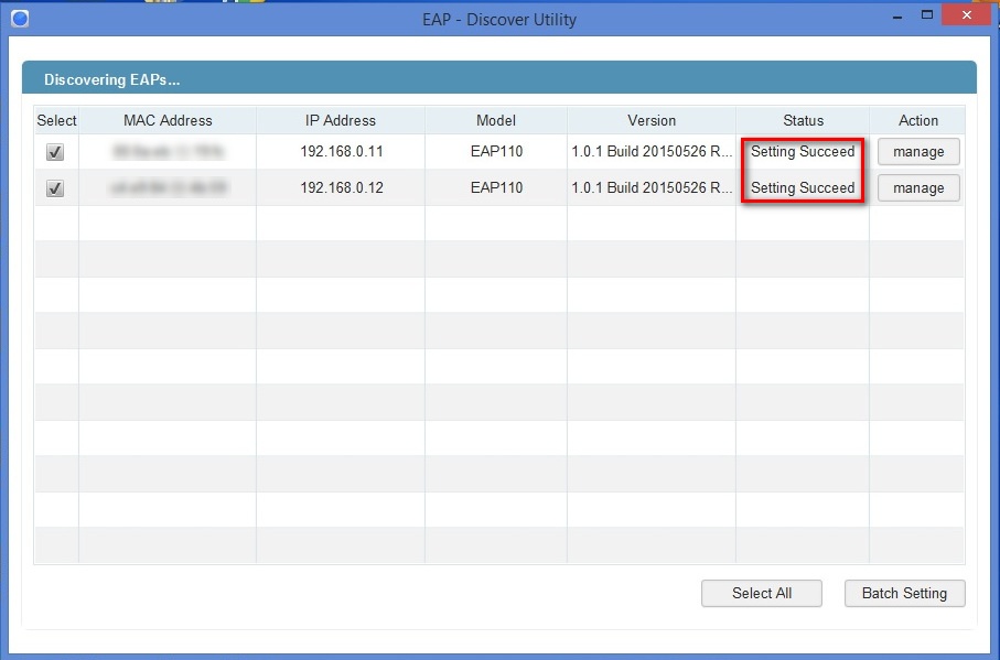 Confirmation that settings saved on the access point.