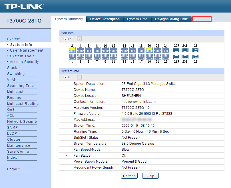 System info tab on T3700G-28TQ switch.